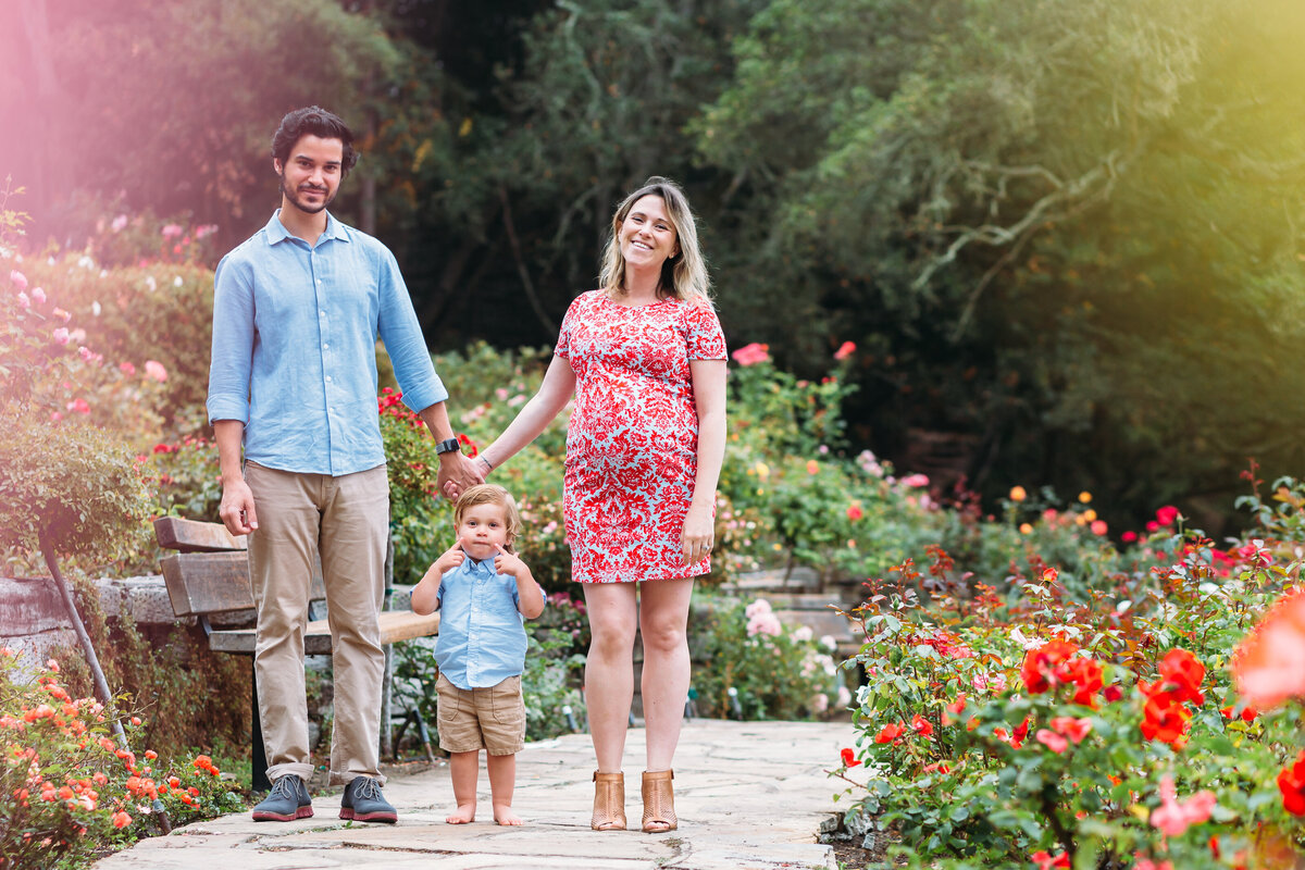 Maternity Photographer, a pregnant woman, her husband and child walk through a garden