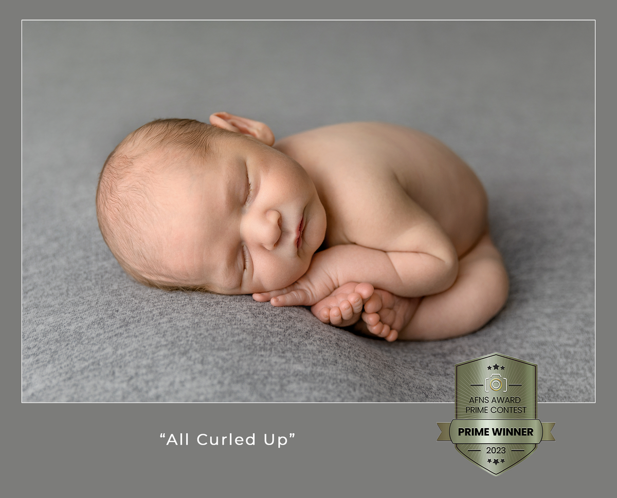 award winning newborn portrait of a little boy curled up on a grey background