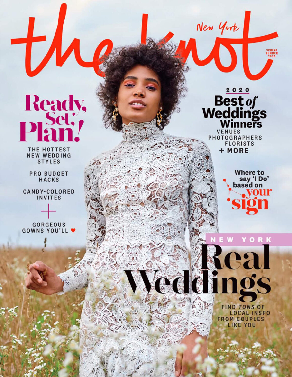The Knot Magazine cover with an image of the bride standing in the middle of a field. Image by Jenny Fu Studio