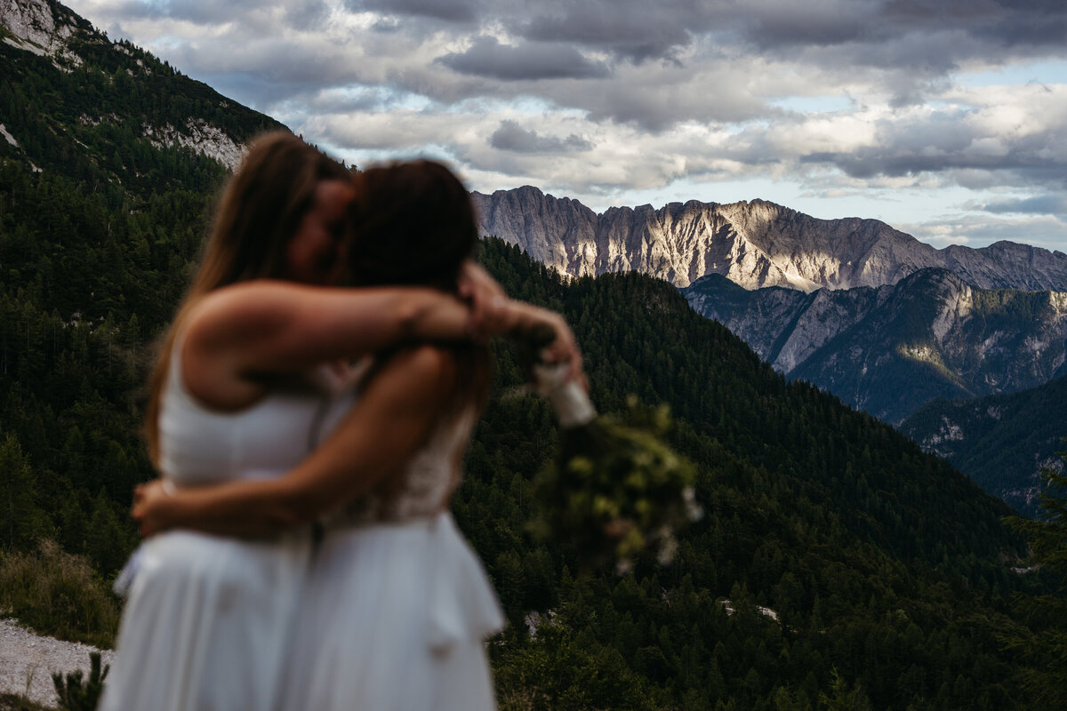 Romantic wedding kiss mountain elopement Slovenia