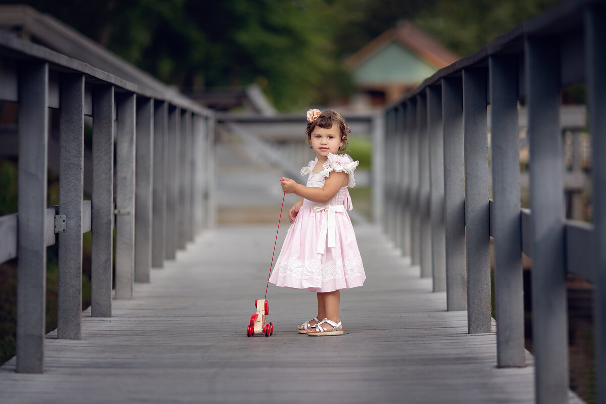 A toddler girl wearing a pink dress plays with a wooden pull toy on a park bridge