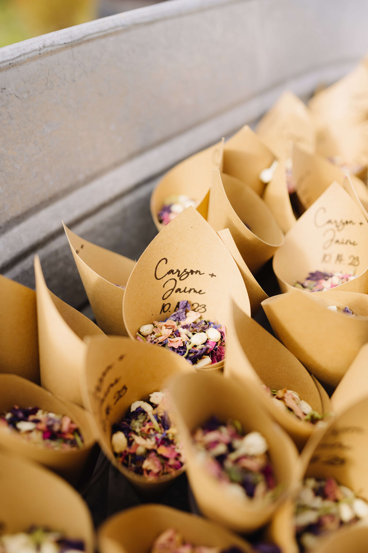 dried flowers in a paper cup for a grand exit for a Shenandoah wedding