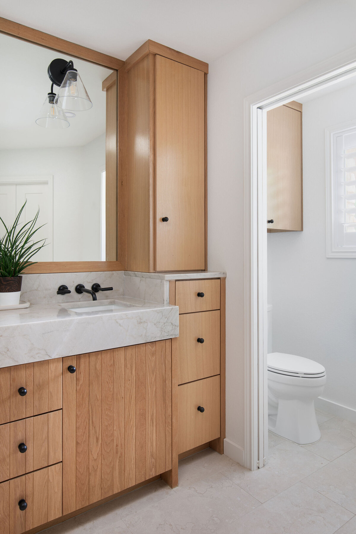 Hello Home modern bathroom remodel neutral wood and tile 1