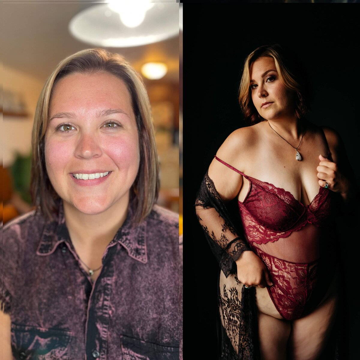 photo of 2 images of a woman and how she looked before and during her session