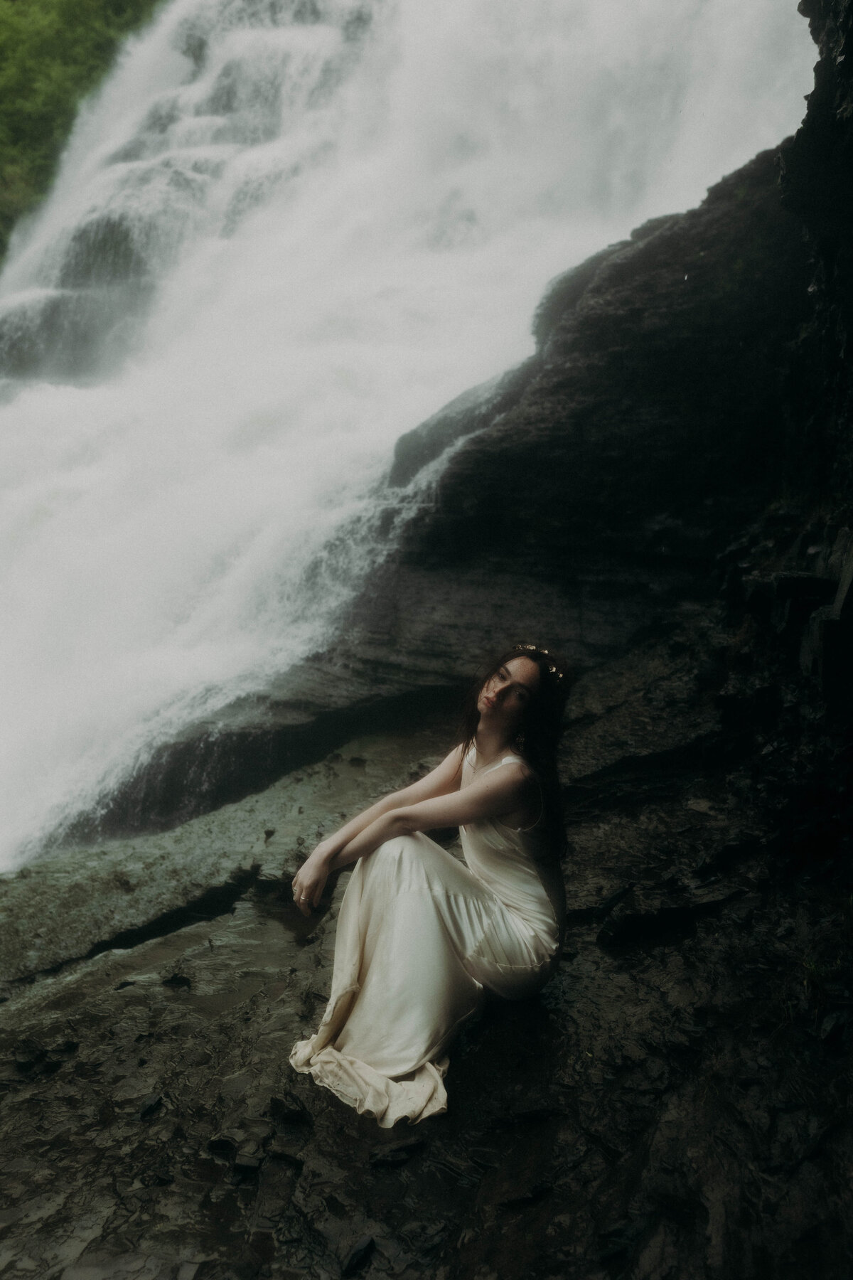 moody waterfall bridal portrait ithaca wedding photographer iceland destination photographer