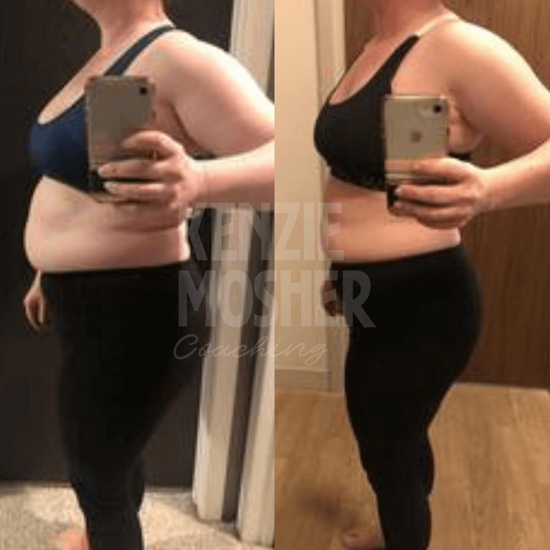 Sustainable fat loss achieved through Kenzie Mosher’s six-month functional coaching protocol.