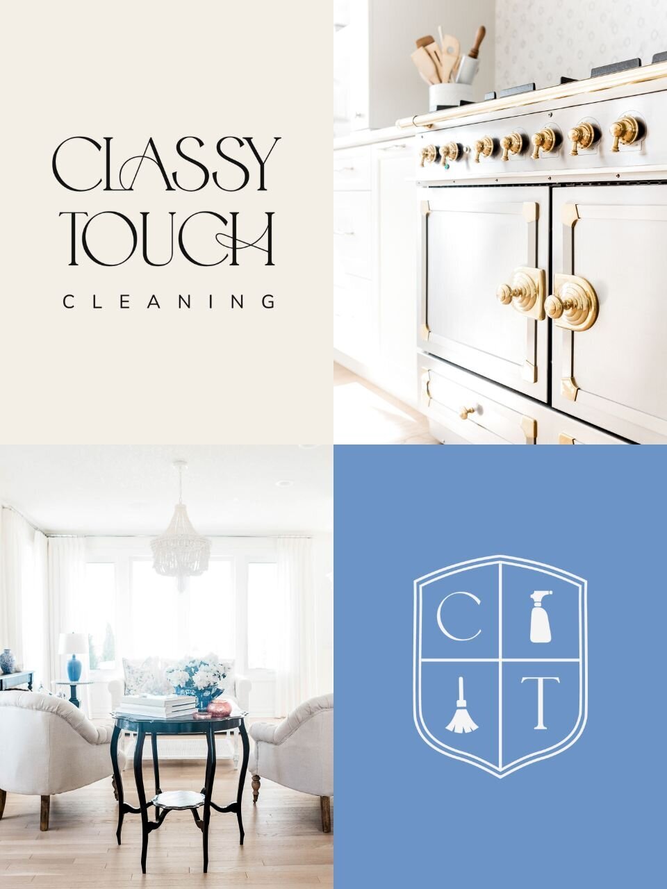 Grid of four images showing the Classy Touch logo on cream, a luxury kitchen with gold accents, a sunlit sitting room, and the blue shield-style monogram with icons for spray bottle and broom.