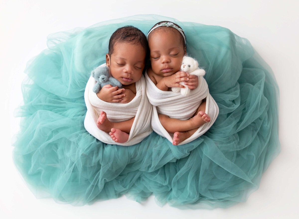 Twins baby boy & girl teal and white setup babies holding teddy bears in their tiny hands