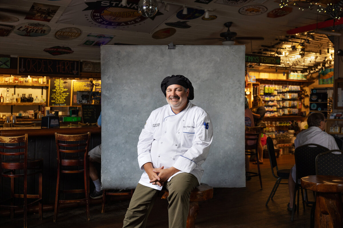 A chef sitting in a restaurant