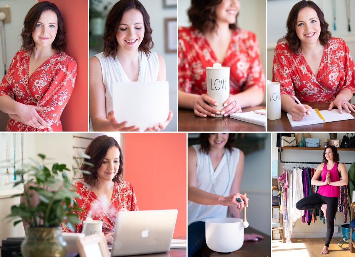 collage of a yoga studio owner showing her working at her desk, doing yoga
