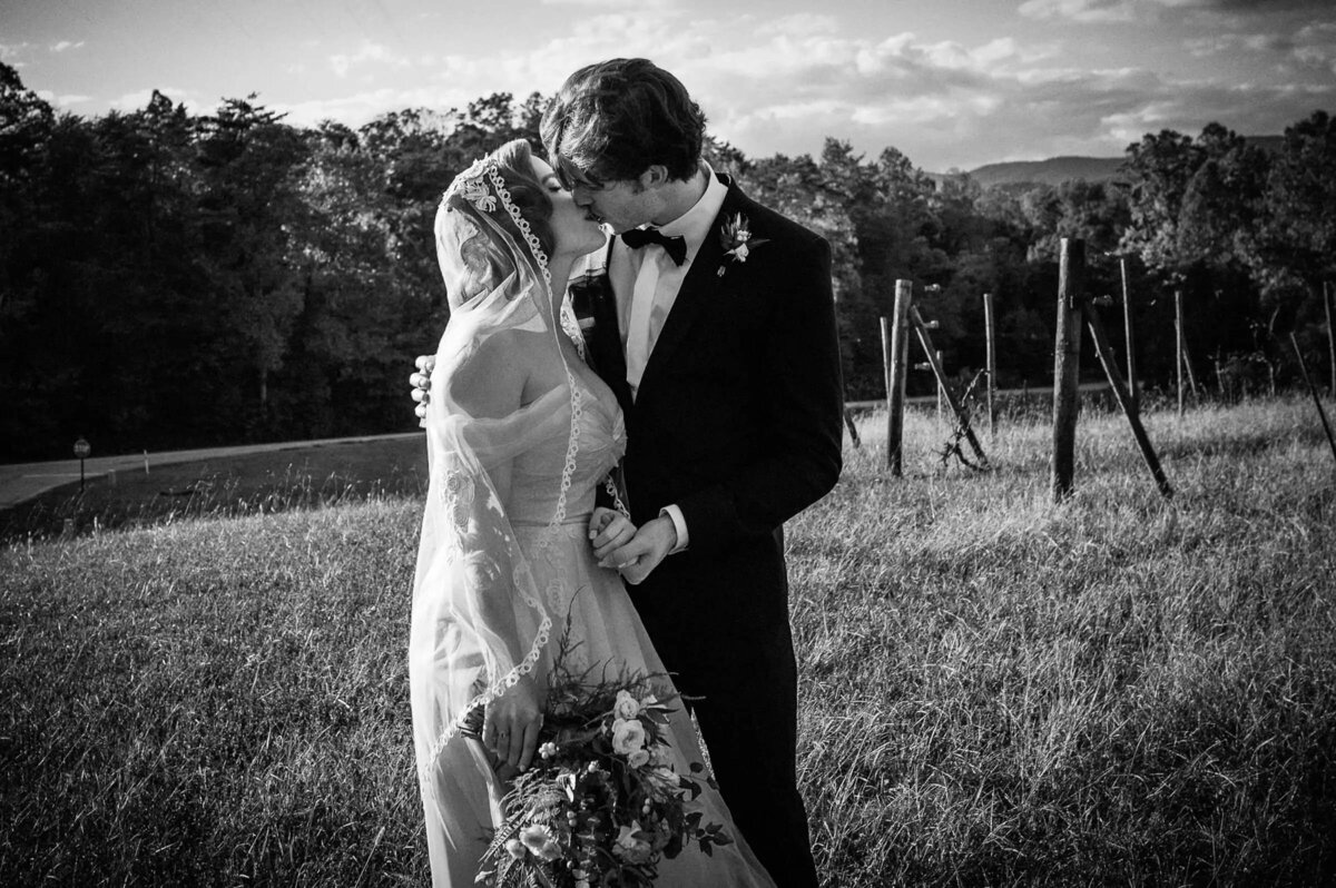A wedding couple kissing in a large field.