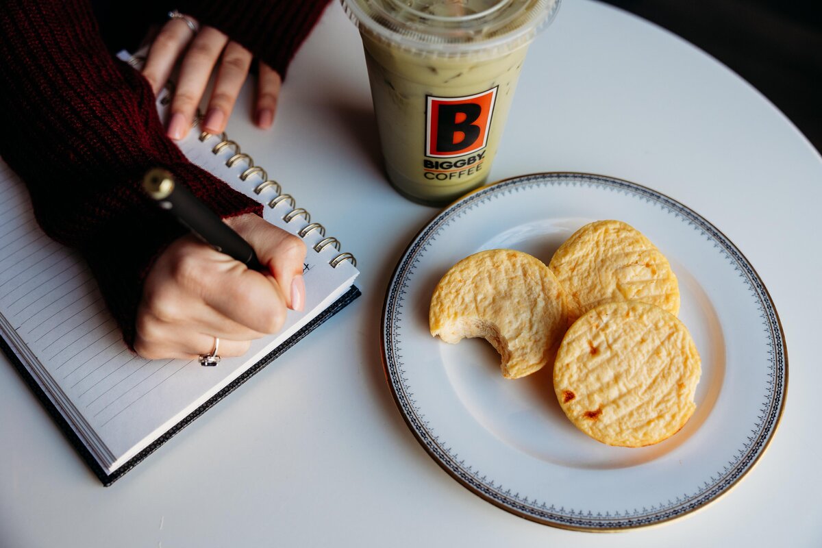 Biggby coffee egg bites and green drink staged for product photos.