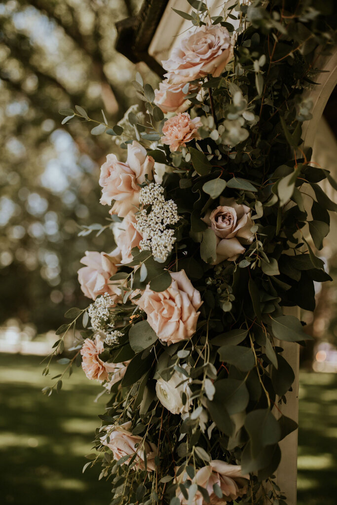 Pink roses and baby's breath ceremony florals by Bloomdigity Floral Studio, an contemporary, Lethbridge, Alberta wedding florist, featured on the Brontë Bride Vendor Guide.