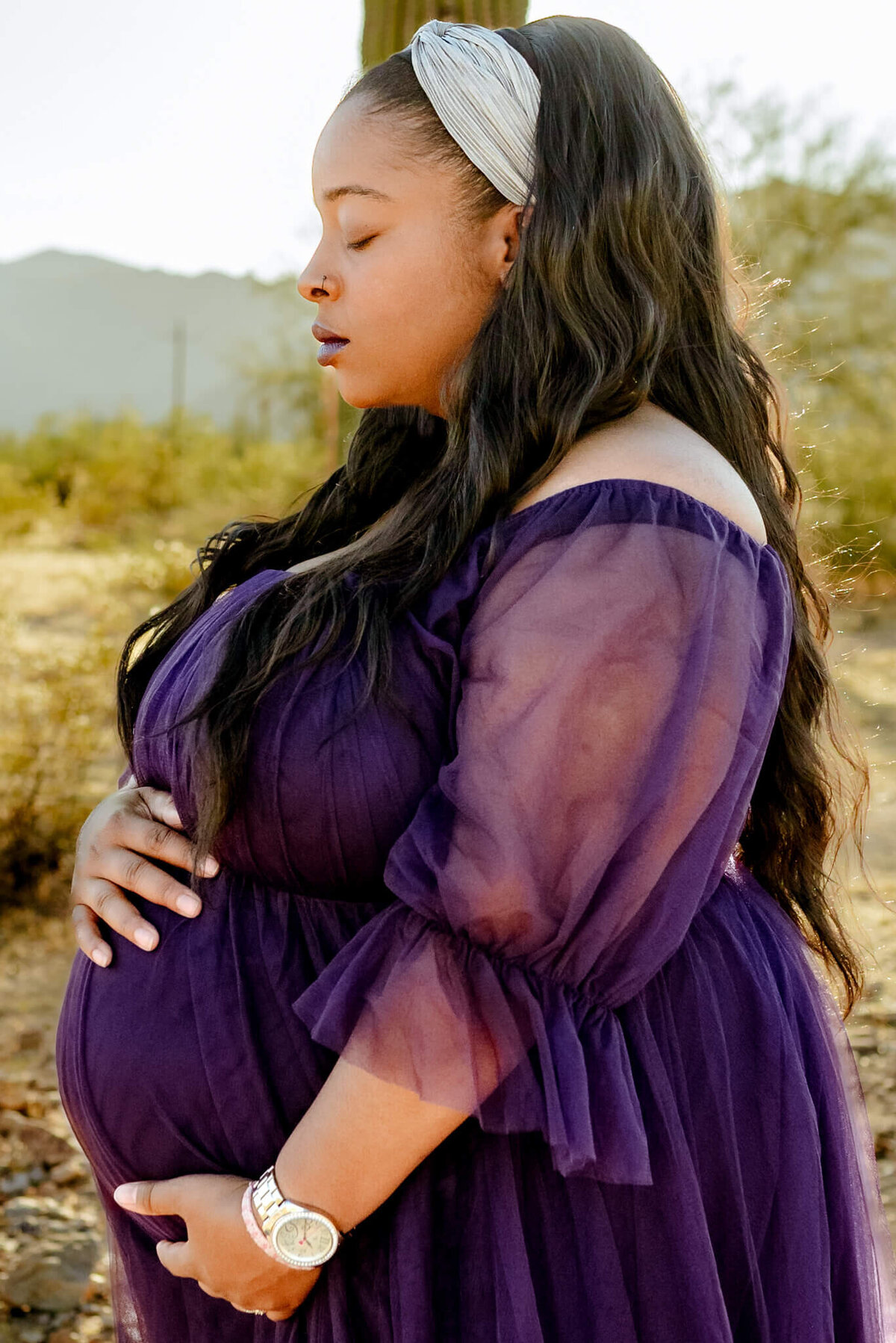 gorgeous profile of pregnant mom during an Arizona sunset. Captured by Cactus & Pine Photography