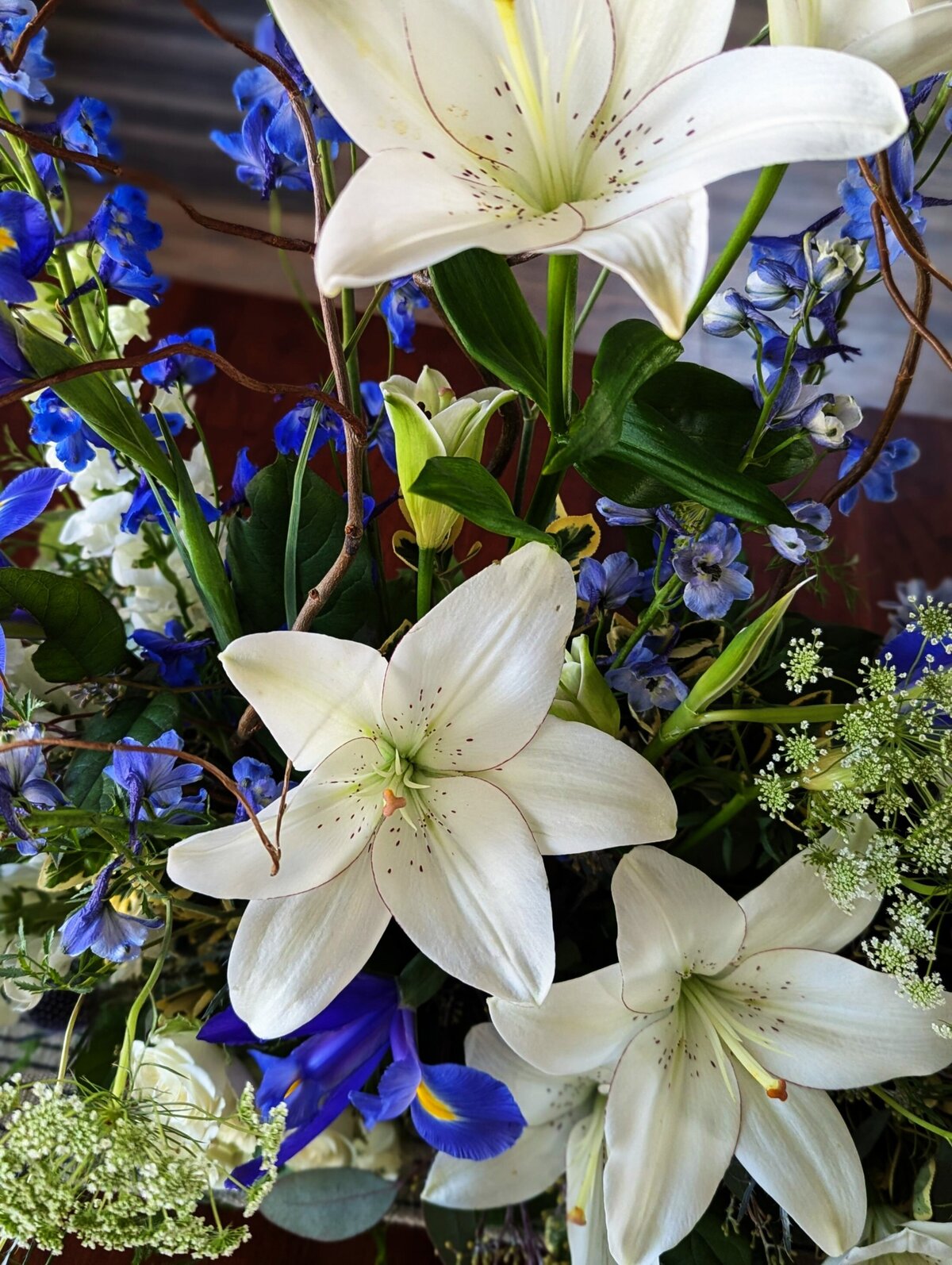 funeral and sympathy floral individual arrangement blue detail