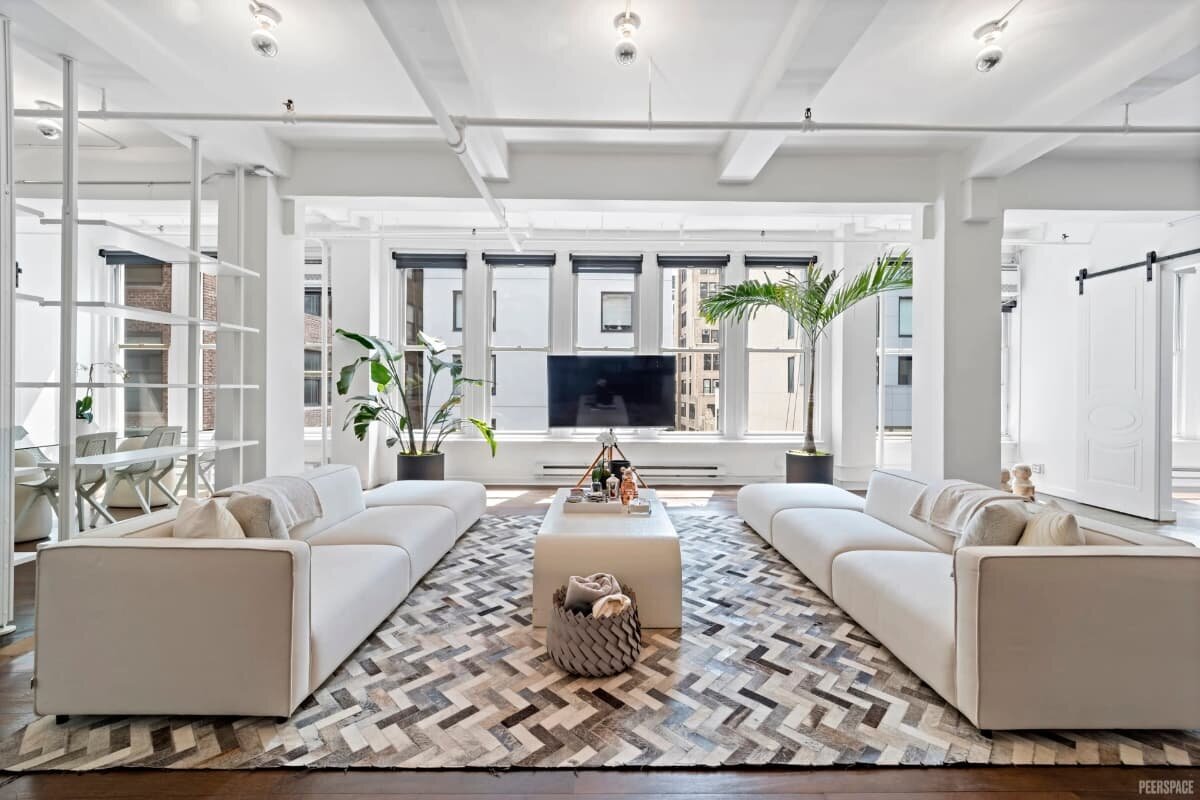 Spacious NYC studio living room with two white sofas, modern rug, and tall palm plants for brand photography.