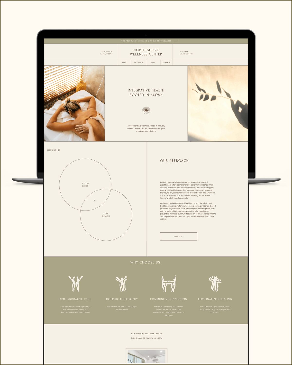 Custom web and brand design for a wellness center created by Studio Chan Hsu, Hawaii-based web and brand designer