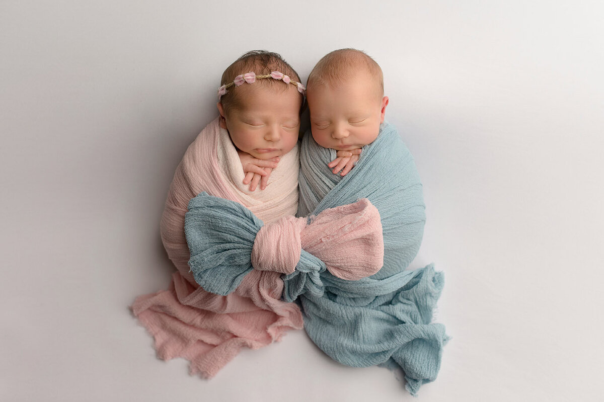 twin newborns swaddled together with a bow