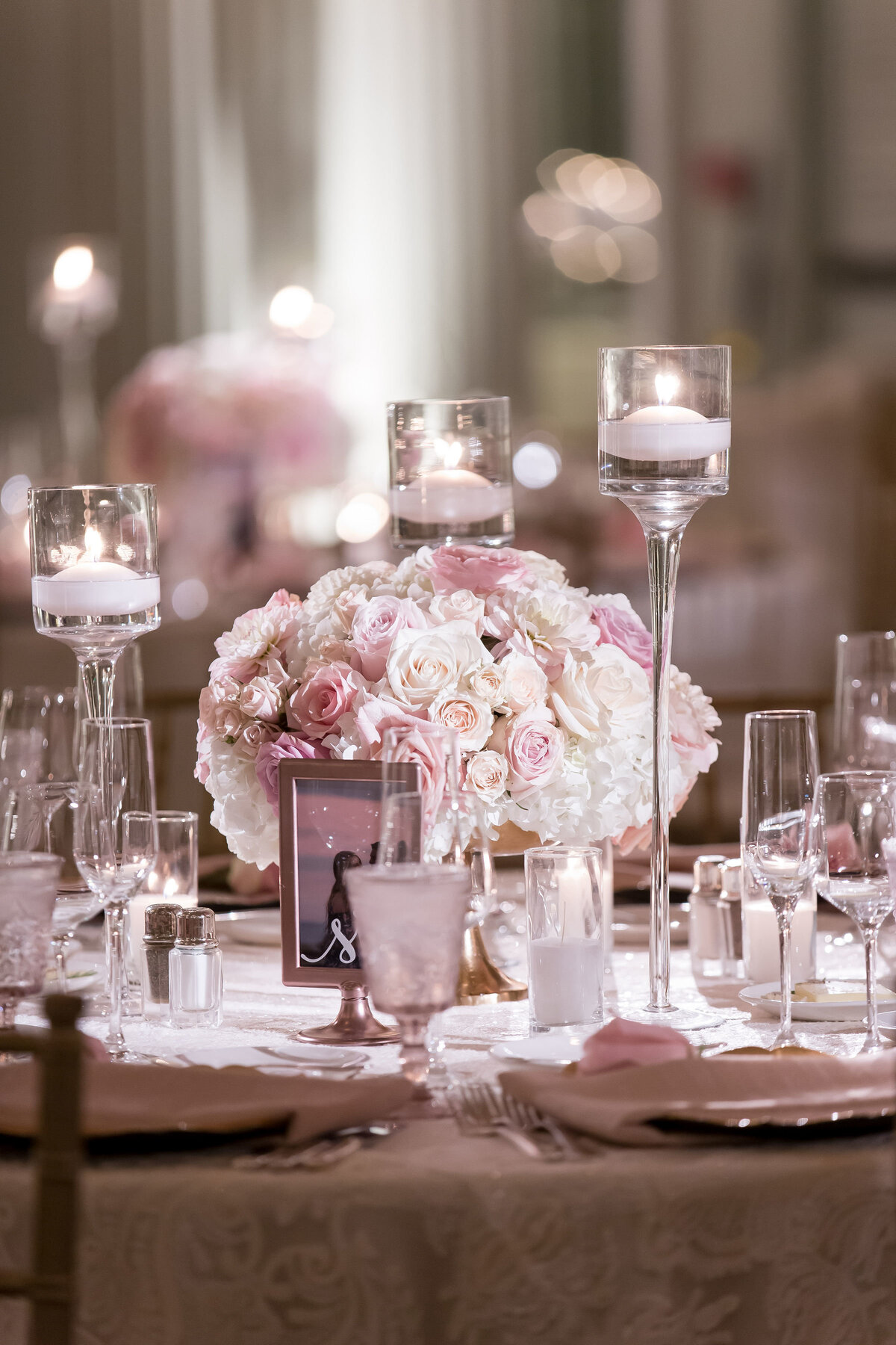 Pink and white wedding centerpiece