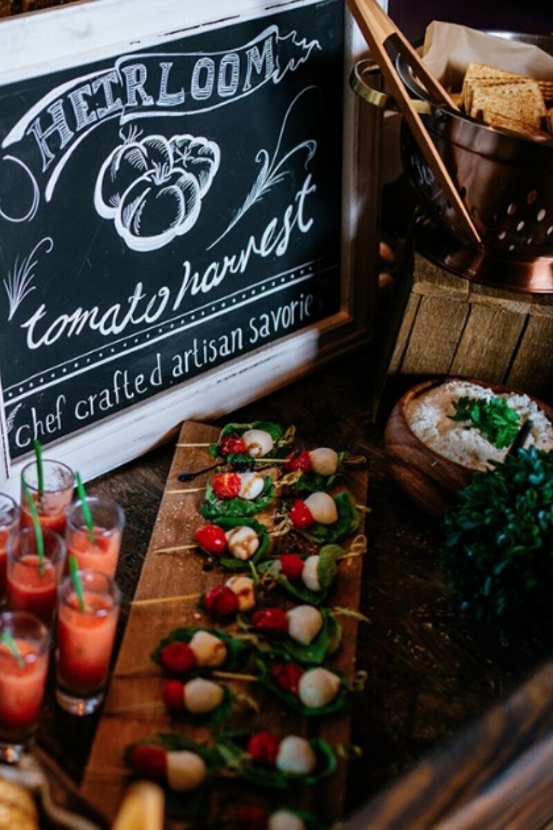 heirloom tomato harvest appetizer display at Willowbrook wedding venue in Western PA