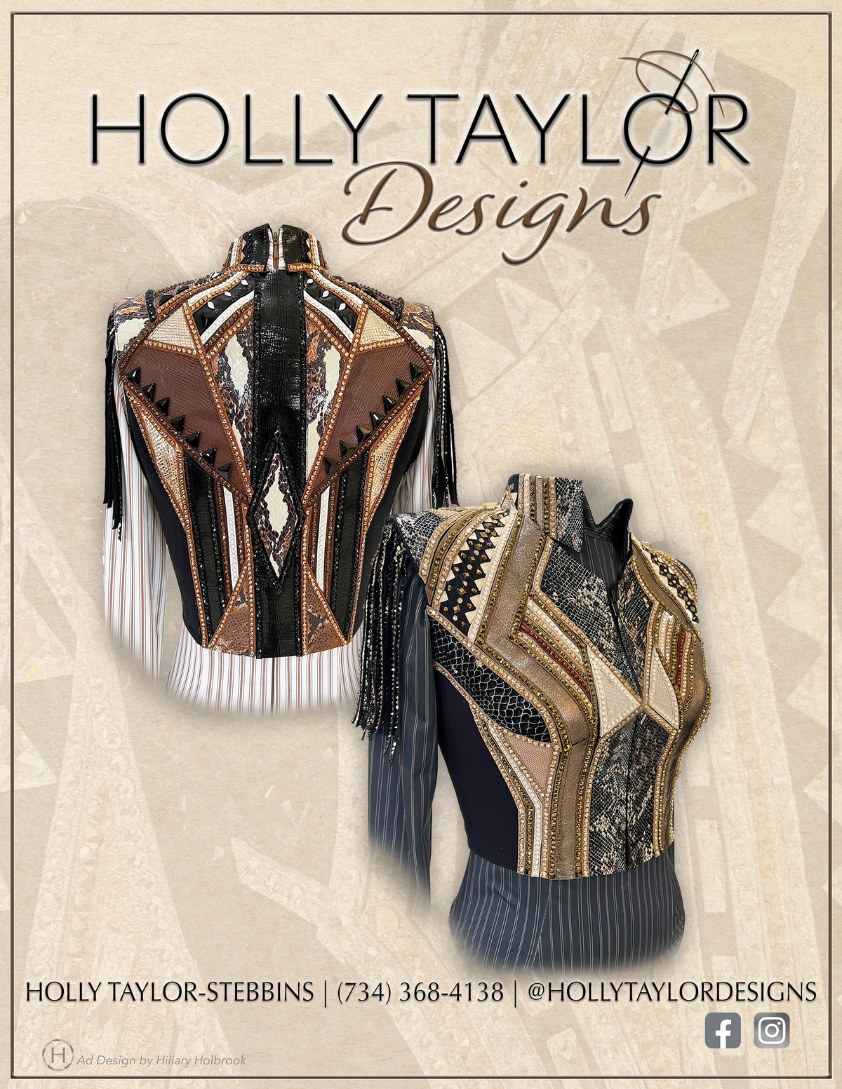 Fashion magazine publication for Holly Taylor Designs  showcasing two horse show riding vest that were made