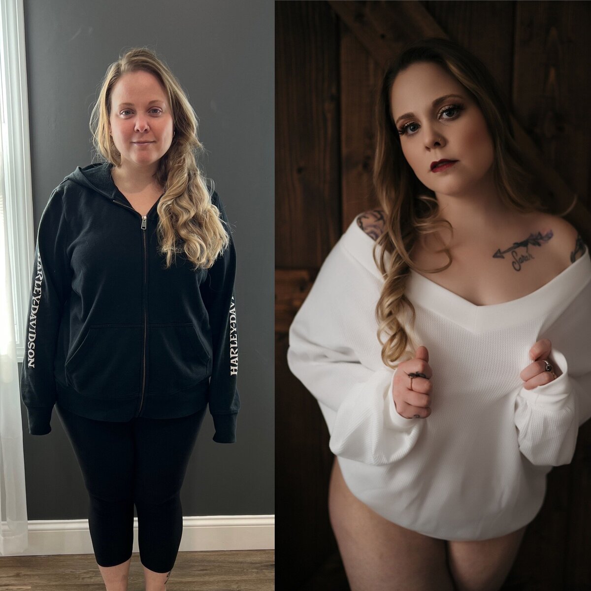 Before and after of blonde woman during her boudoir photographer session with Kerry Callahan boudoir