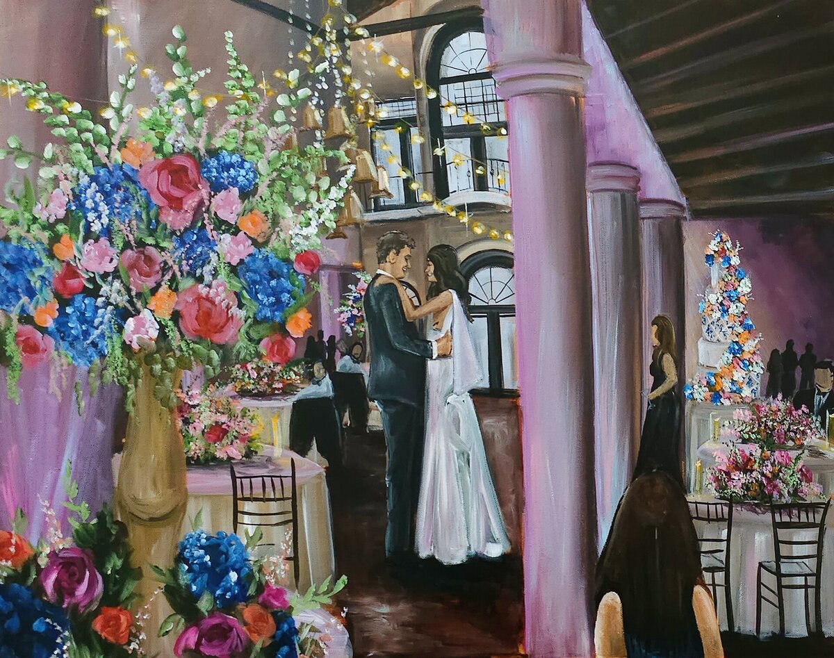 A completed live wedding painting from Isleworth Country Club in Orland Florida featuring a bride and groom sharing their first dance