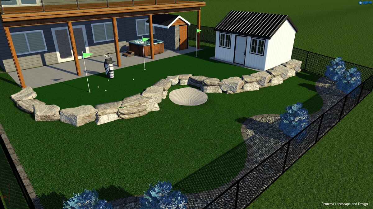 putting green for a small backyard with a natural boulder wall, in addition there is a utility shed to store golf equipment, a small sand trap for added fun.