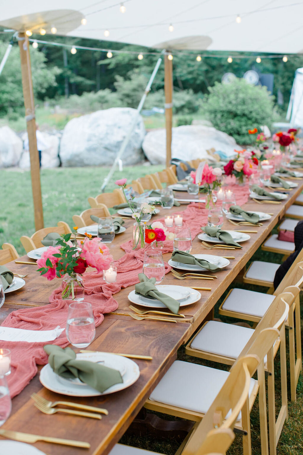 Maine tablescape with florals for outdoor wedding