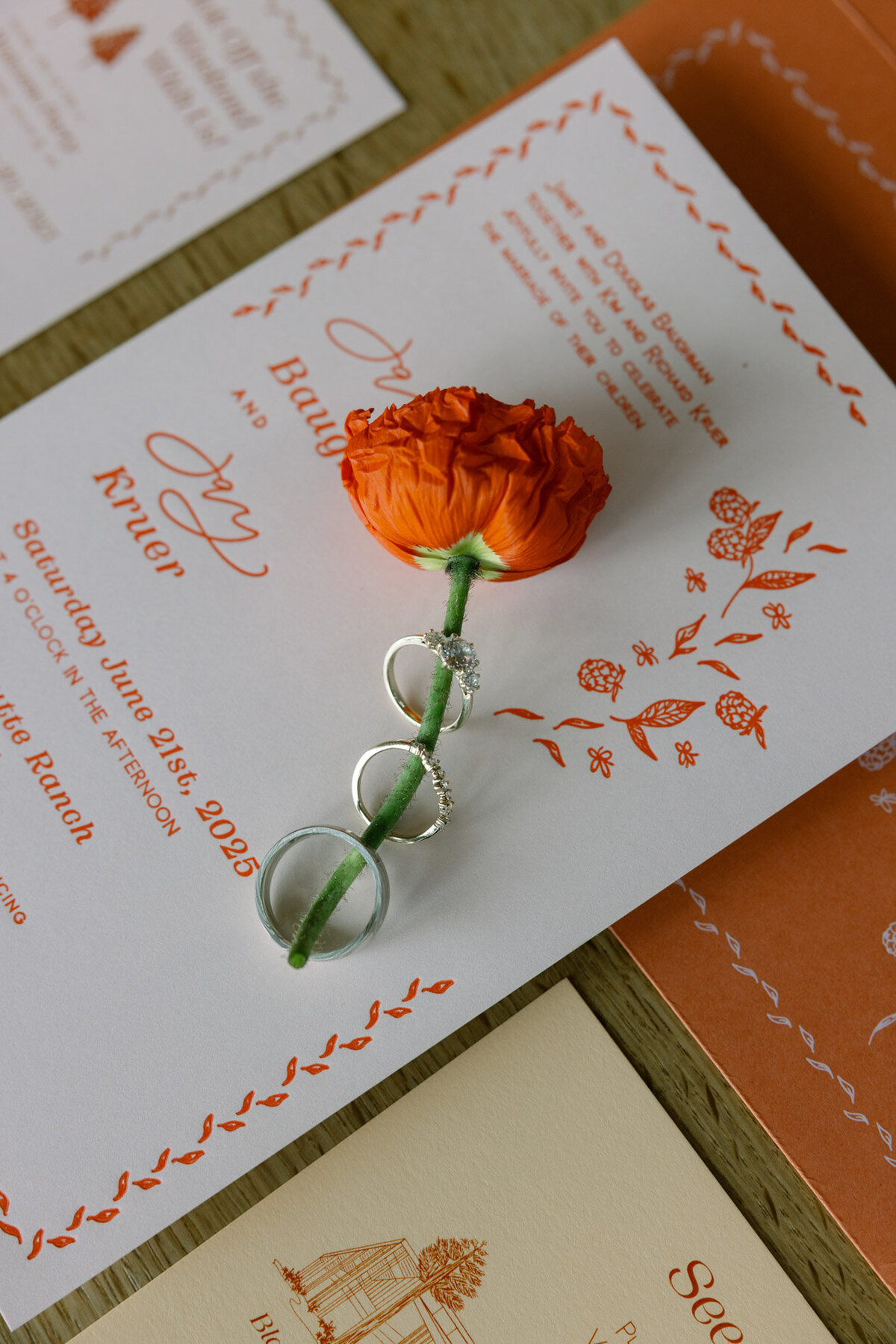Coral and peach wedding invitation with calligraphy custom details, florals and berries representing full service design and calligraphy by Life in Letters.