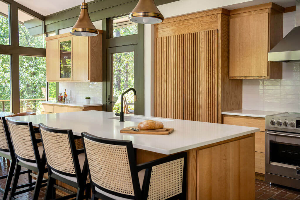 sweet southern home mid mod wooden kitchen with stools