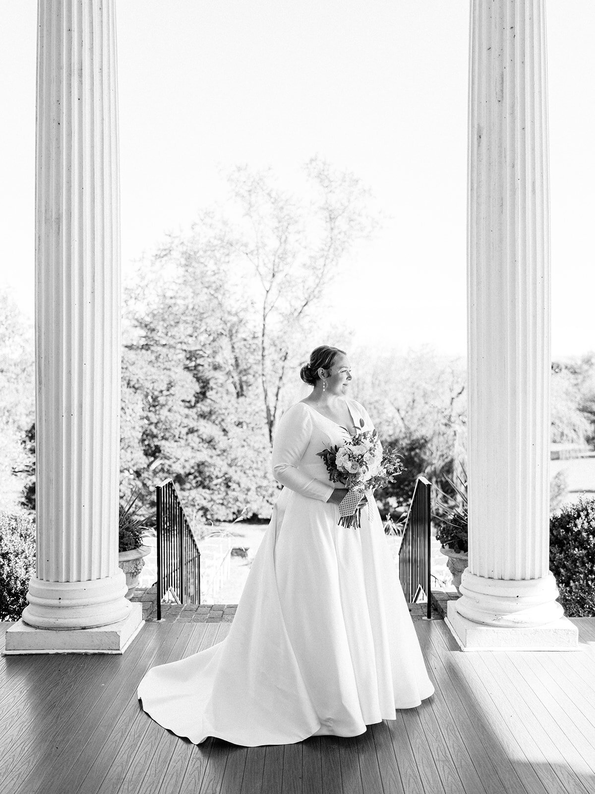 Black and white photo at rosemont manor columns