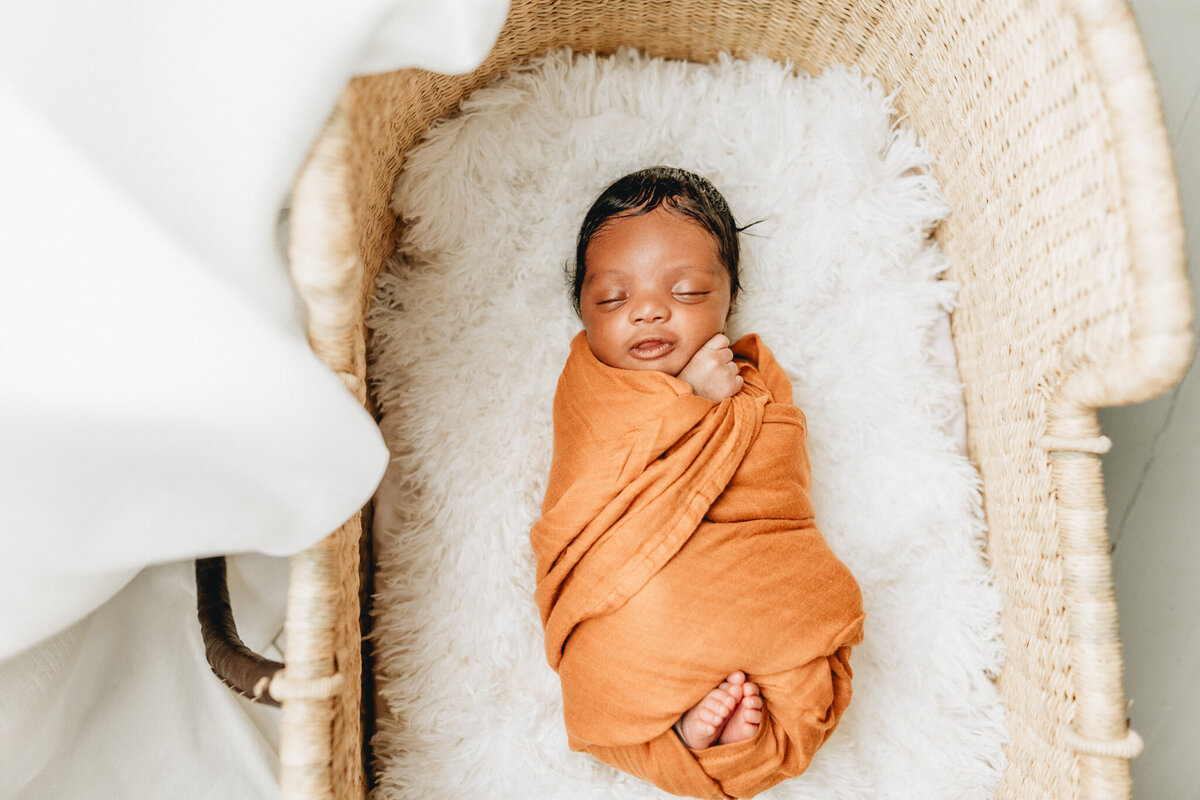 Family Infant photographer capturing a newborn baby sleeping in a crib.
