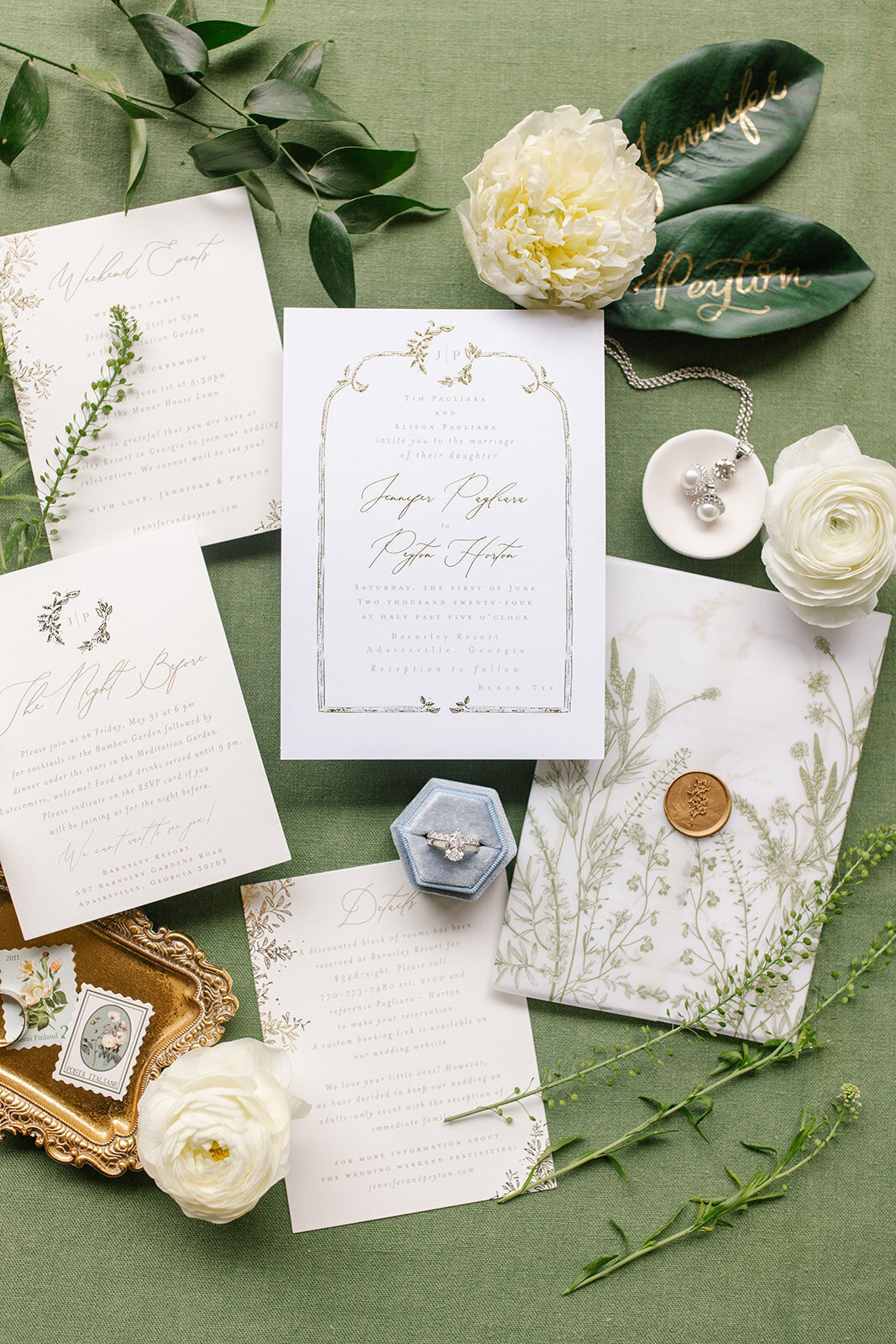 Green and white garden inspired wedding invitation