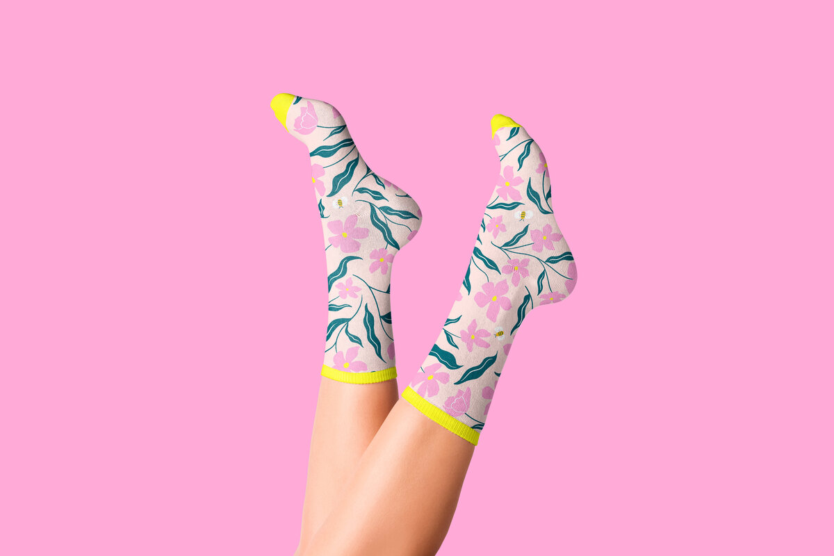 socks-pink-yellow-hex-floral-leg-mockup