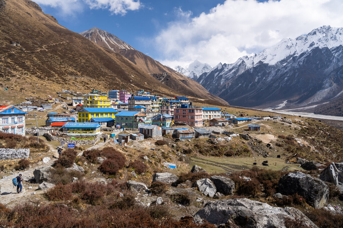 A beautiful view of Kyanjin Gompa in the Langtang Valley in Nepal.