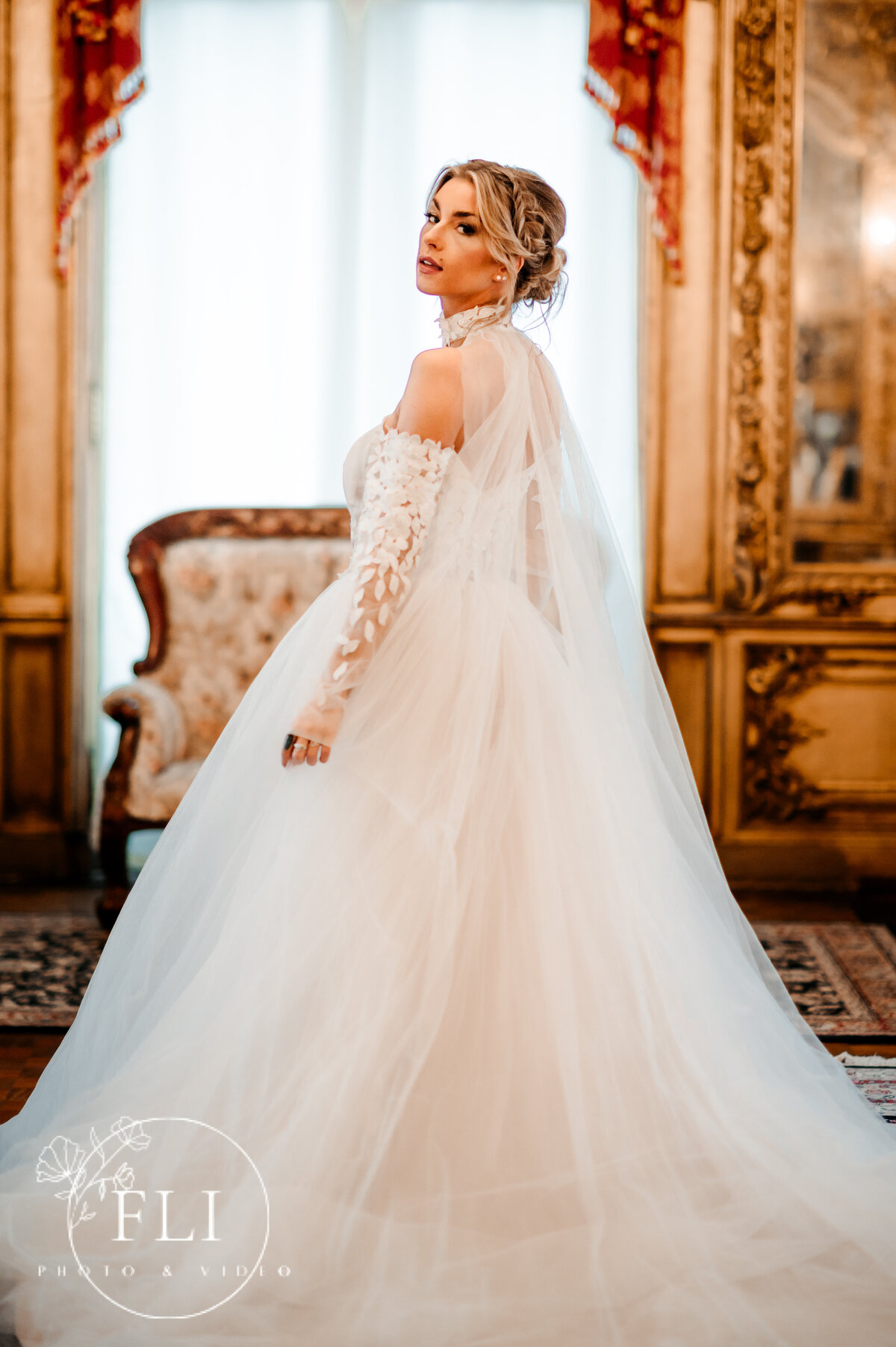 laurel court wedding venue cincinnati ohio photographer videographer wedding ballgown dress applique floral sleeves199