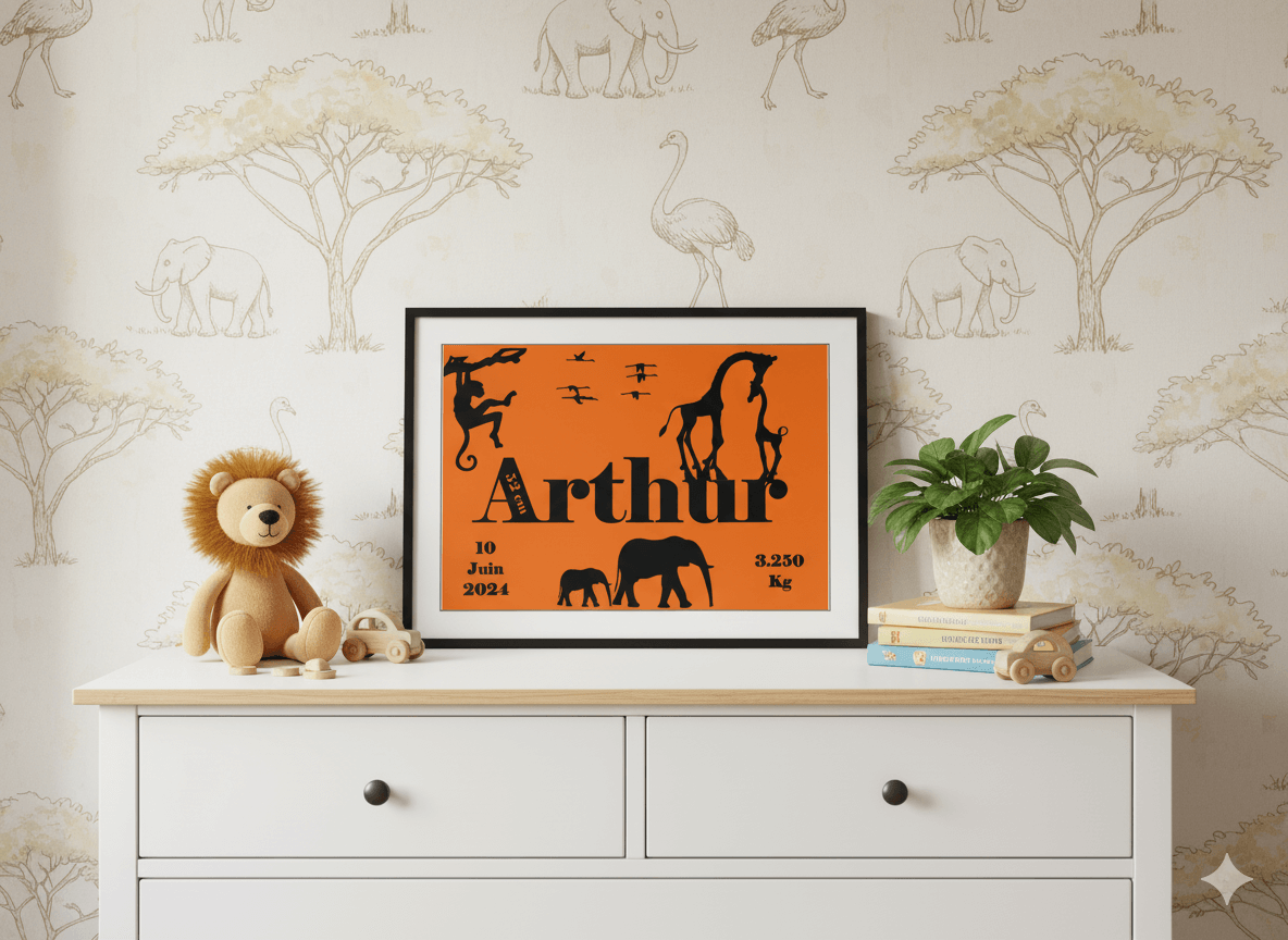 Cadre de naissance sur le thème de la savane, avec silhouettes d’animaux comme girafes, éléphants et singes, posé sur une commode blanche dans une chambre d’enfant décorée d’illustrations de safari. Le cadre affiche un prénom et des informations de naissance