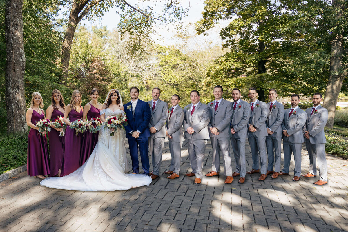 Gray Groomsmen Suit & Purple Bridesmaid Dresses