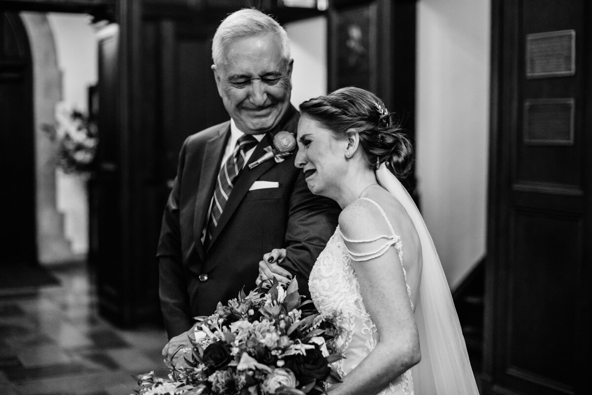 bride crying with dad before getting married
