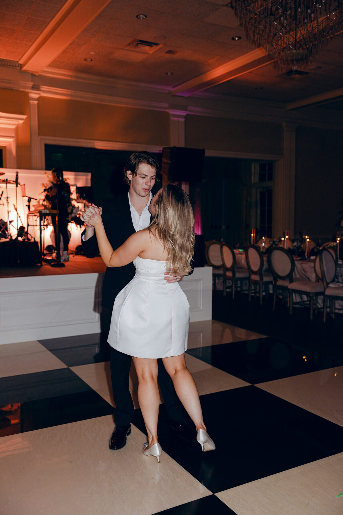 A wedding photo oft he bride and groom dancing during the wedding reception