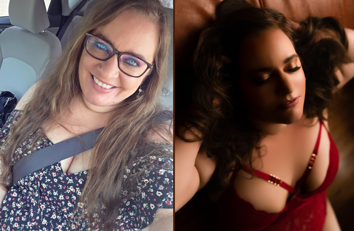 Before and after transformation showing hair and makeup from a BombShell Boudoir session