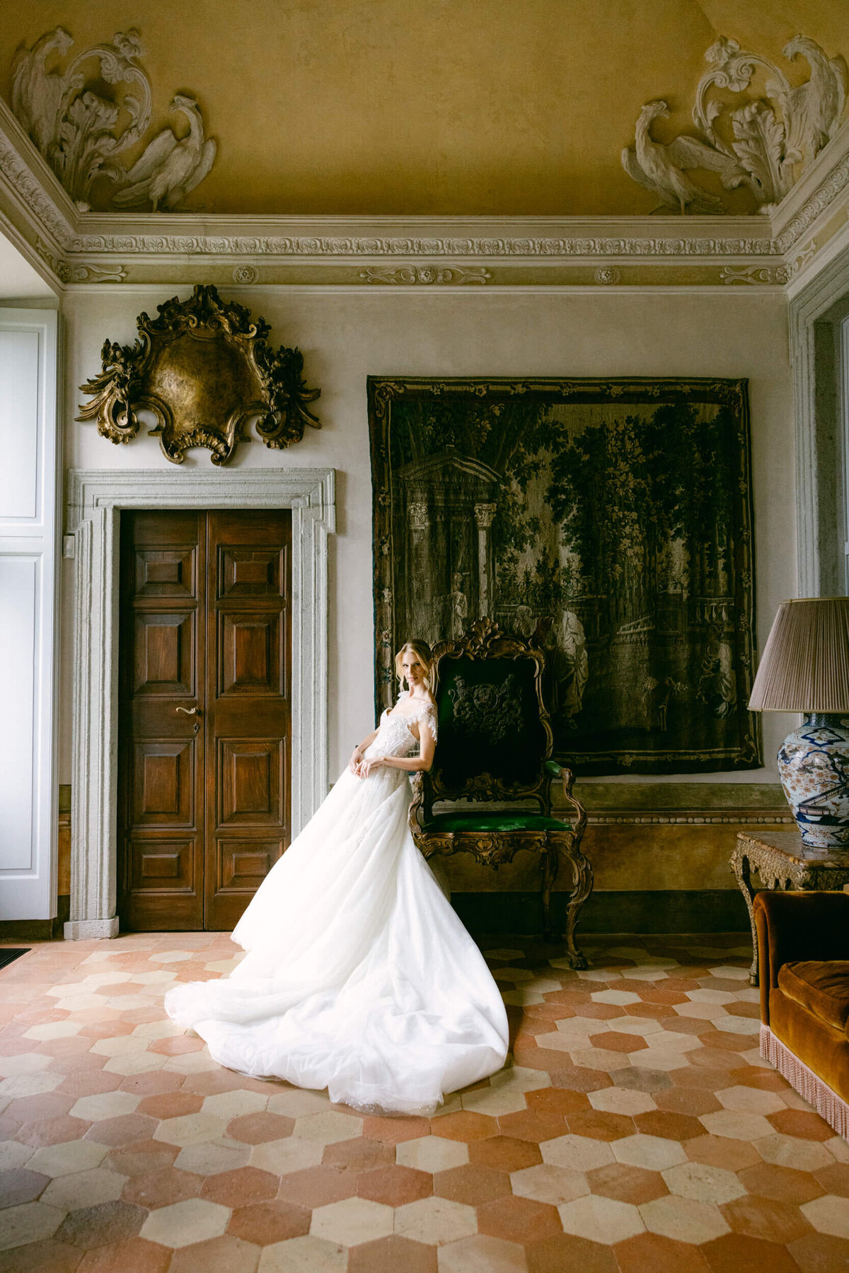 A wedding photo of a bride in her white wedding dress at Villa Balbiano on Lake Como in Italy