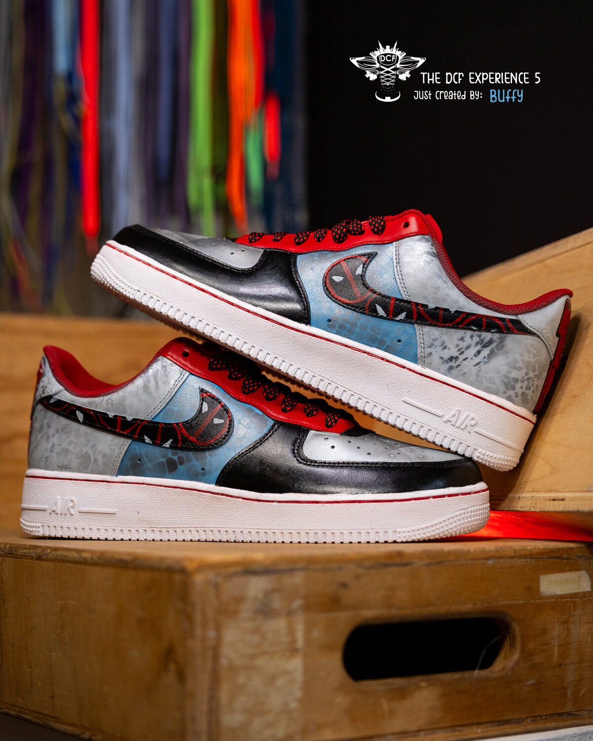 Nike AF1s custom painted in a Deadpool theme