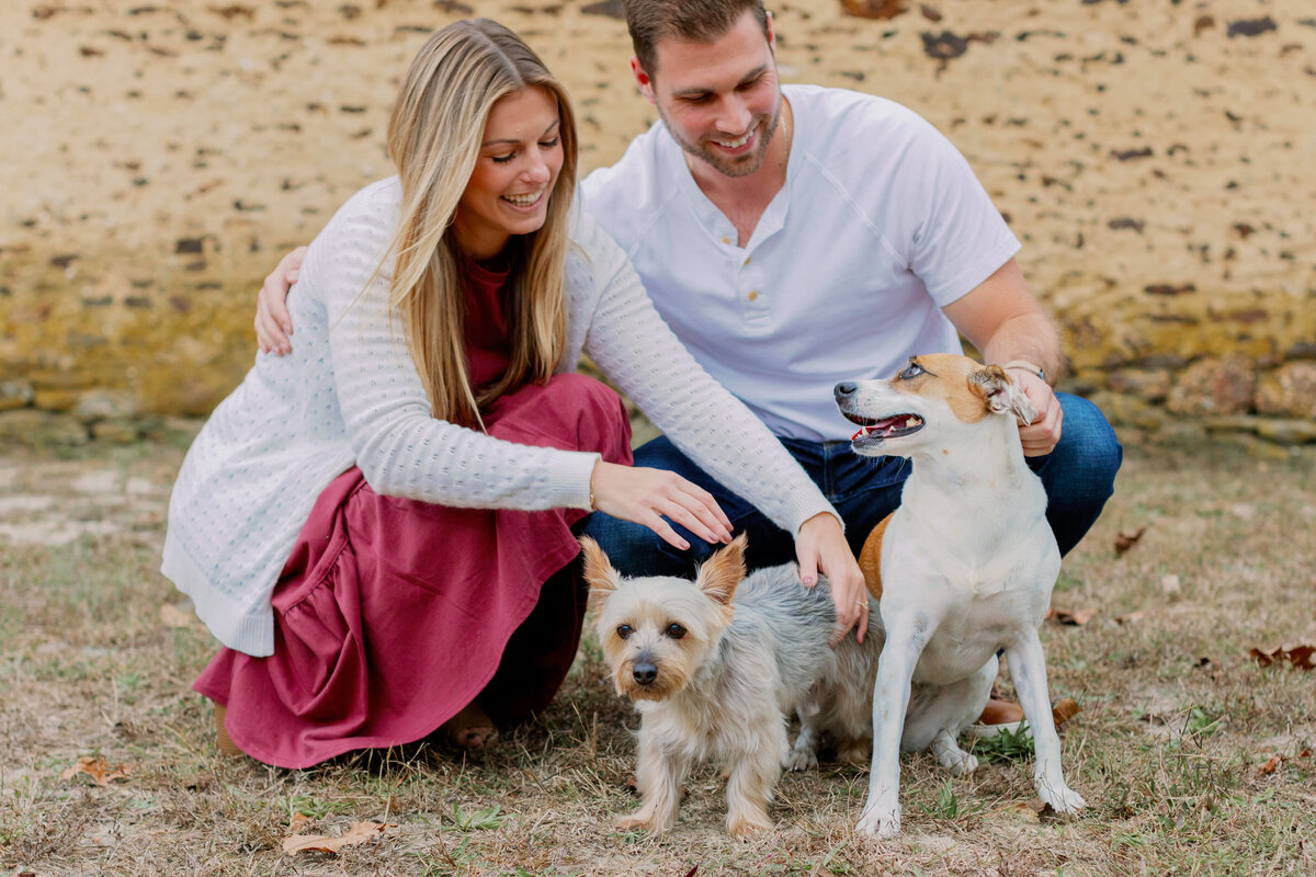 A couple squatting down and petting two small dogs 