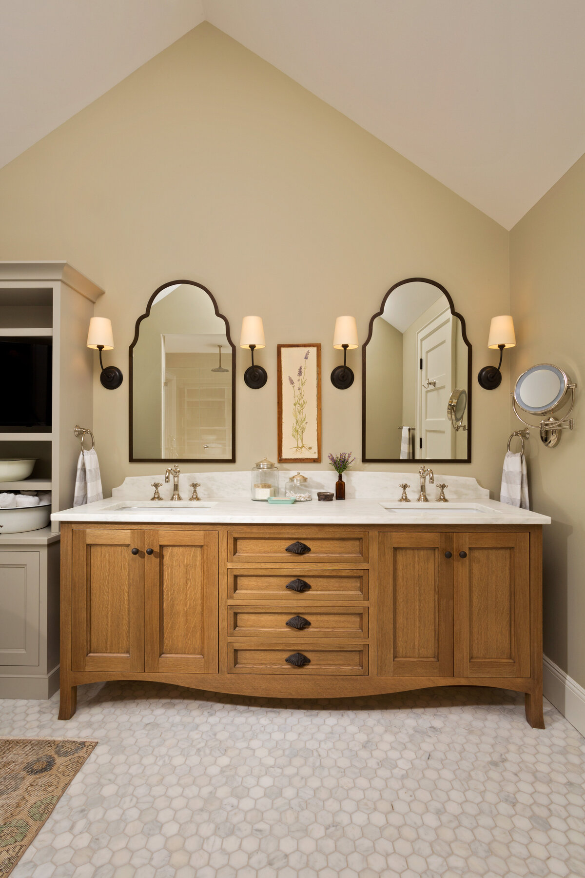 master bath vanity with light wood cabinets