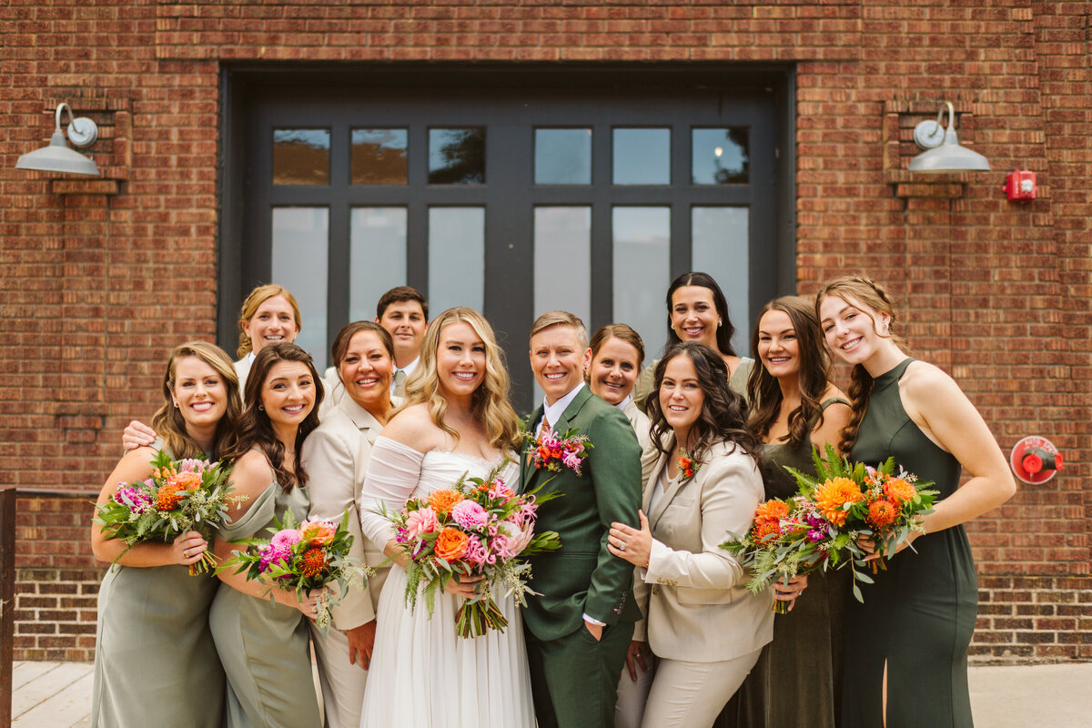 Bridal party outside the St Vrain wedding venue, Longmont, Colorado