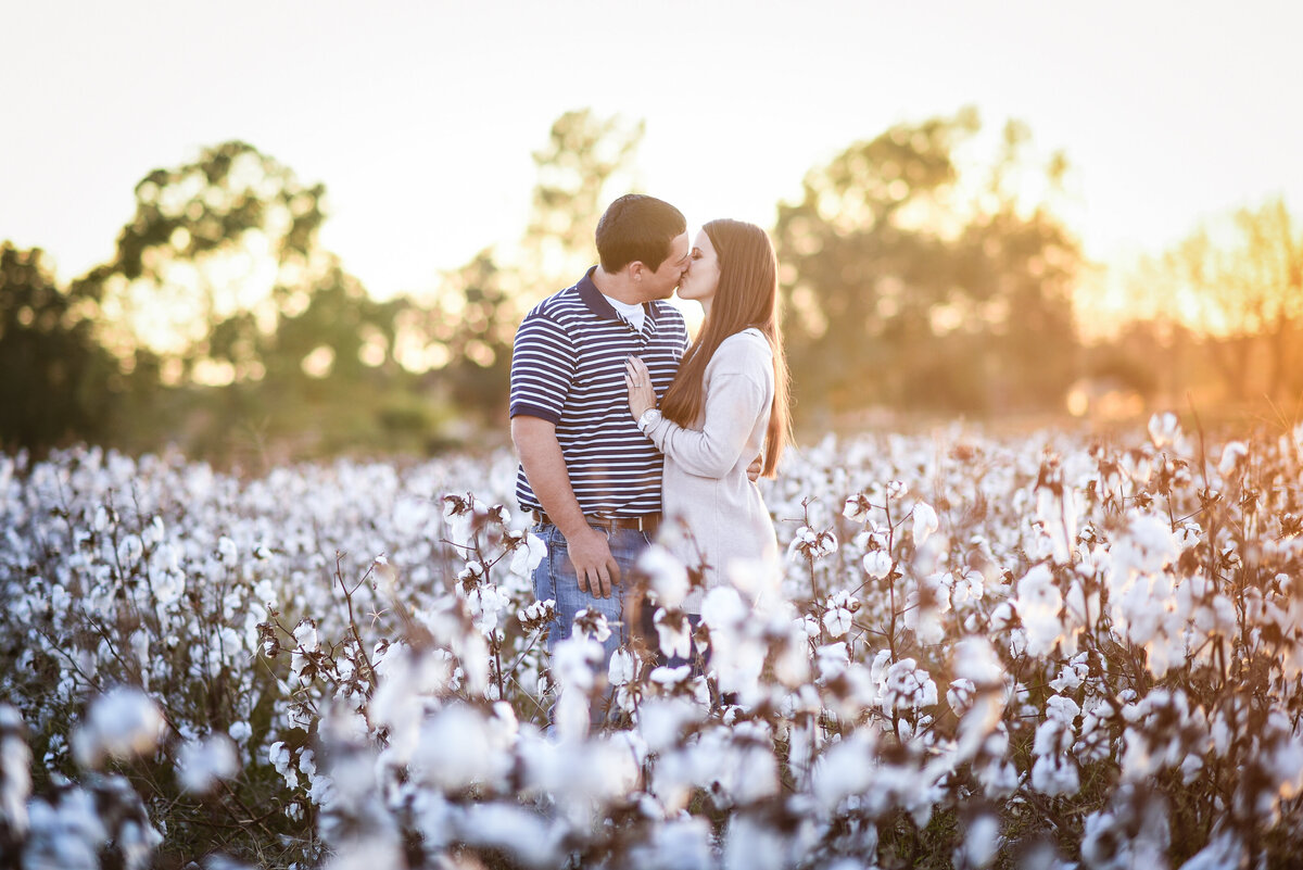 Beautiful Mississippi Engagement Photography: couple during golden hour sunset in Mississippi Cotton field, cotton session