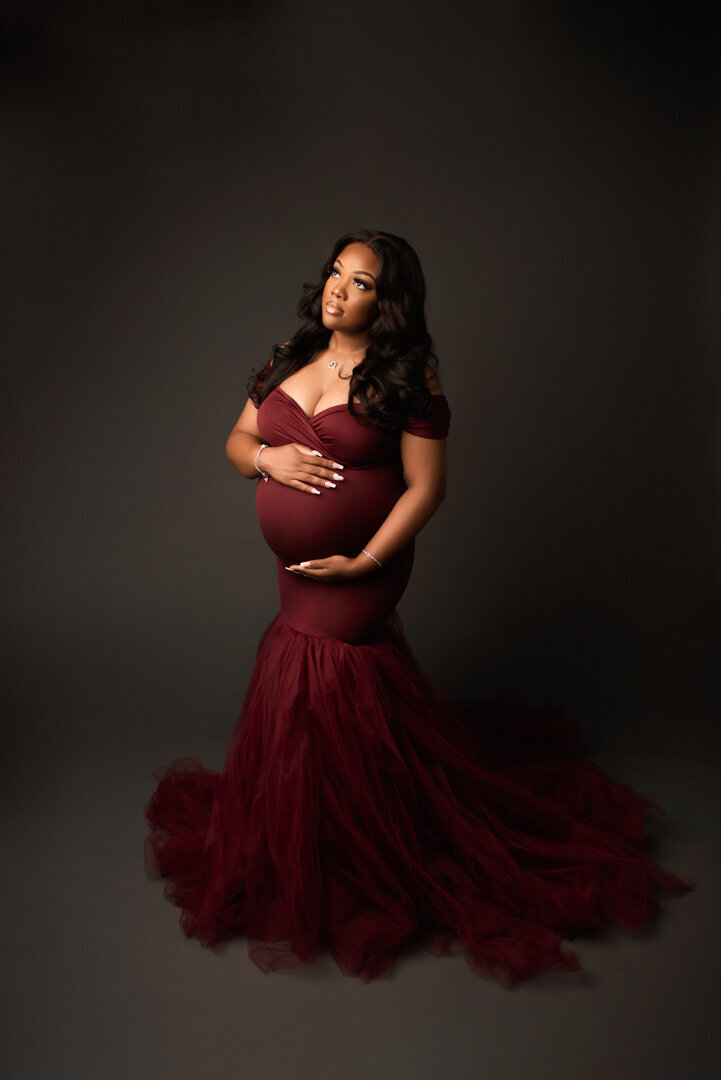 Grand Rapids Maternity Photography Studio Session with Red Dress By For The Love Of Photography