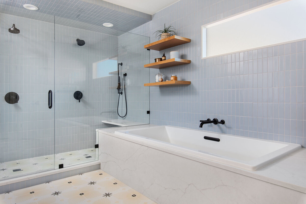 spa bathroom blue tile wood and marble 8